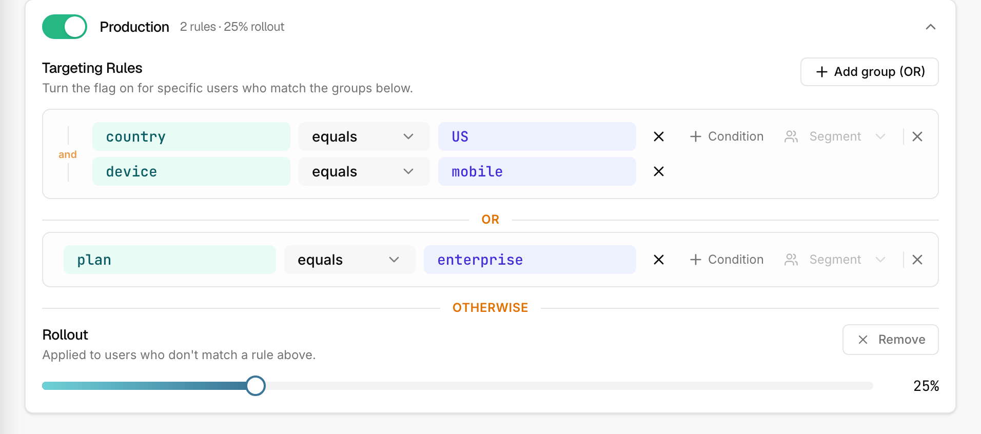 A flag's Production section: two rule groups combined with OR, and a rollout slider set to 25%