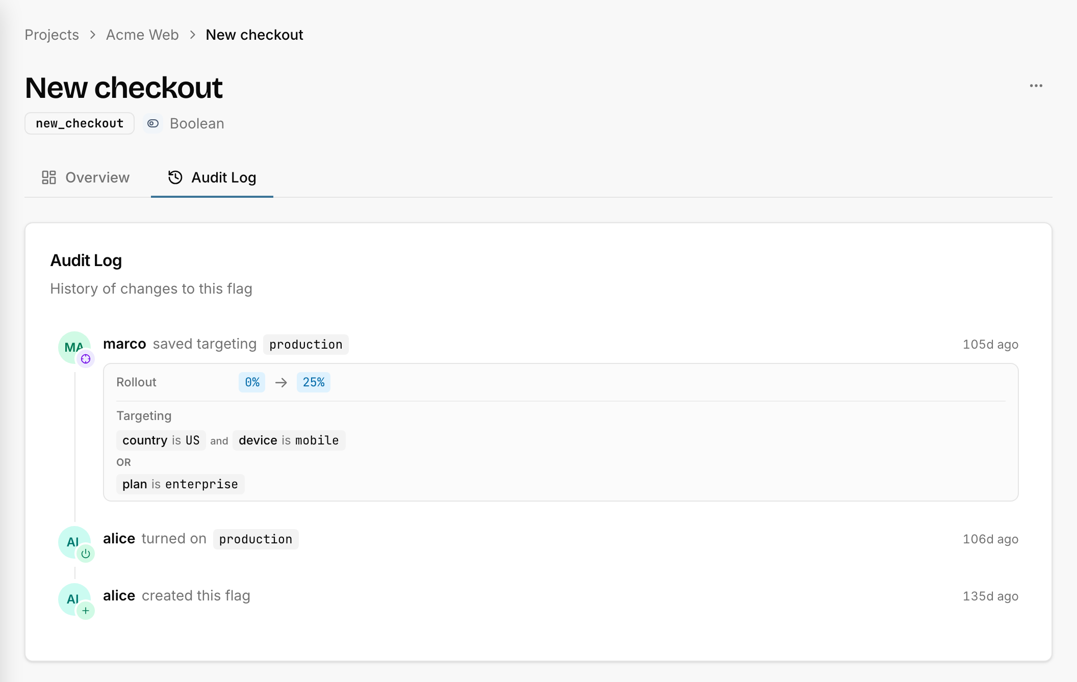 Audit log — a before→after diff